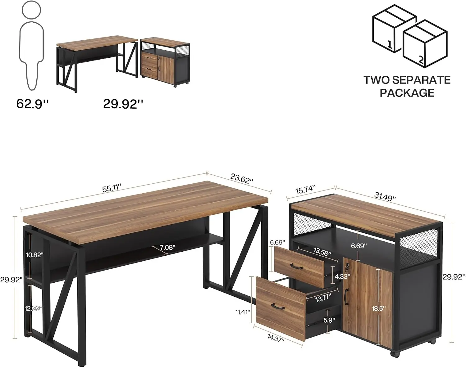 55-inch L Shaped Desk with Drawer Cabinet, Executive Computer Desk and lateral File Cabinet, 2 Piece Home Office Furniture with