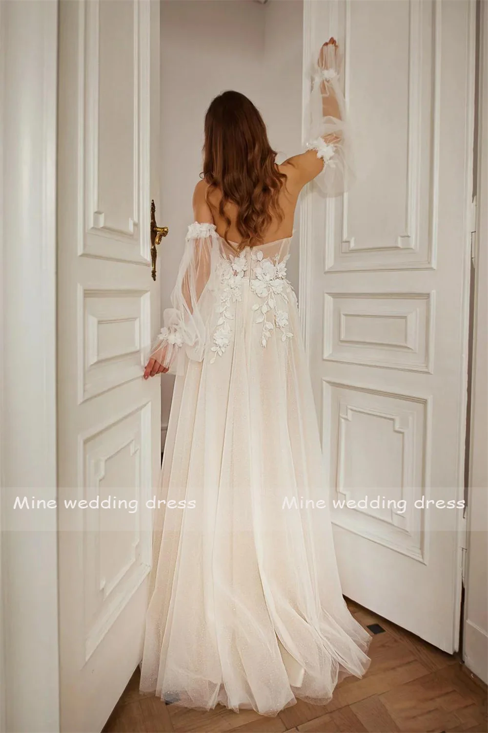 ที่กําหนดเอง Sweetheart ลูกไม้ Appliques ด้านหน้าชุดเจ้าสาวซิปด้านหลังชุดแต่งงาน A-Line 3/4 Sleeve ชุดเจ้าสาว