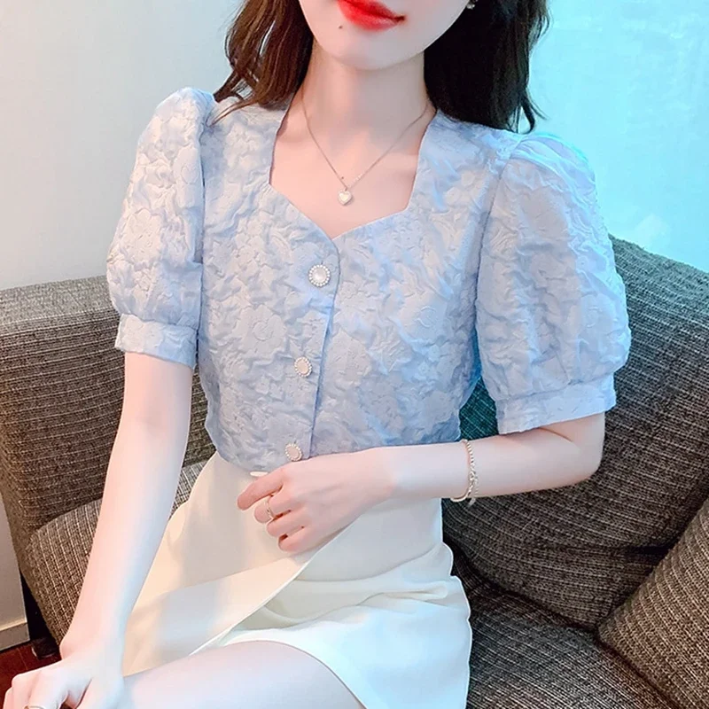 Vintage Summer Chiffon Shirts Women 2024 Elegant Fashion Short Sleeve Casual Blusas Korean Style White Puff Sleeve Tops Blouses