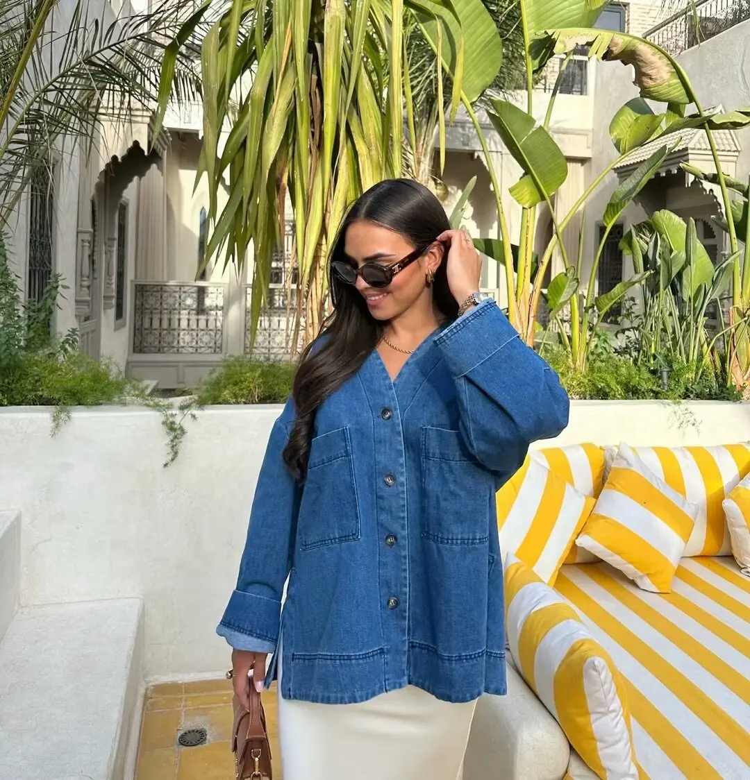 

Повседневная свободная посадка V-Ne Long Sve Denim с разрезом, женская осенняя новинка, новинка, для поездок на работу, обычная длина све, чистый цвет