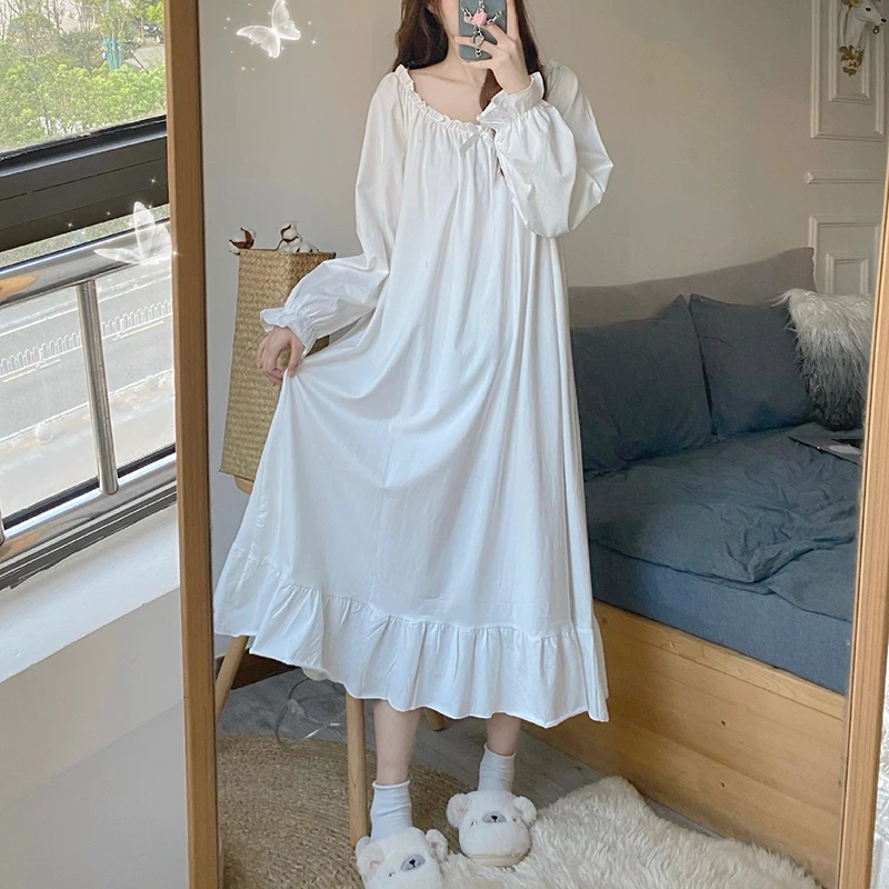 Cotton Nightgowns for Women New Long Sleeve Night Dress Large Size Loose White Nightdress Ladie\'s Casual Nightwear Nightshirt