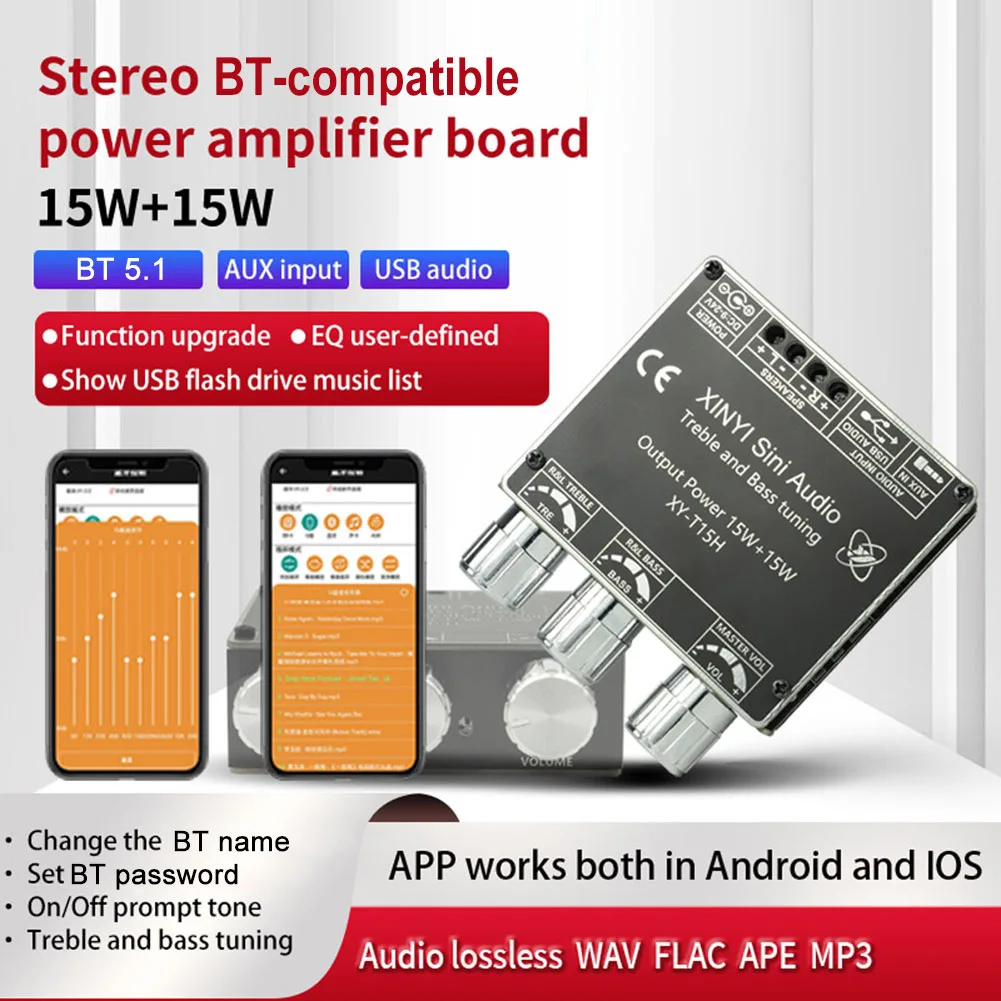 Placa amplificadora de potencia Digital XY-T15H Compatible con Bluetooth 5,1 2,0 canales Control por aplicación cine en casa