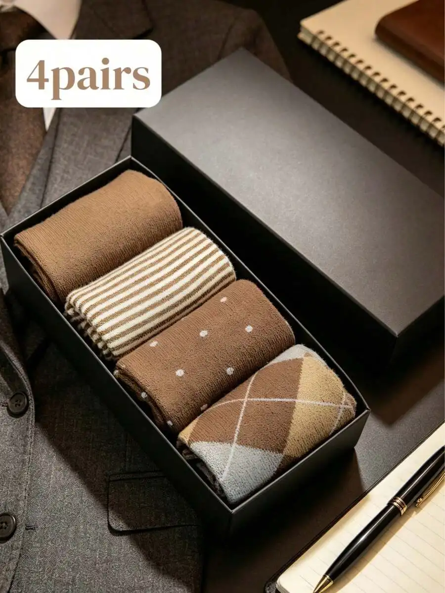 

4 Pairs Mens Mid-Calf Dress Socks Gift Box, Cotton Blend, Sweat Absorbing Odor Resistant Business Socks