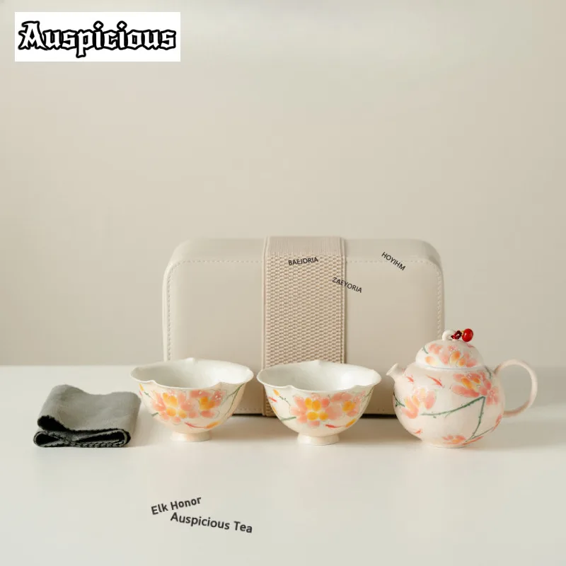 Hand-painted Magnolia Flower Travel Tea Set Kit Traditional 1 Pot 2 Cups Tea Maker Organizer Portable Camping Tote Bag Supplies