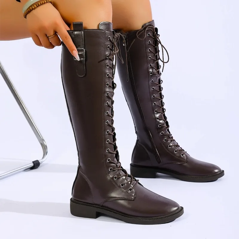 Botas de Mujer de Cuero Patentado de Calidad, Botas de Moda con Diseño de Cordones Cruzados para Mujer, Botas Planas Antideslizantes para Exteriores, Botas Largas Mujer