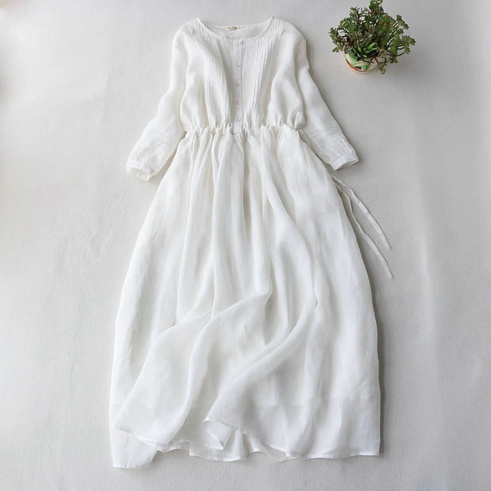 Elegant Women Solid Color A Line Dress Loose Fit Casual Cotton Linen Dresses Elastic Waist Buttons Up Lace Up Half Sleeve Dress