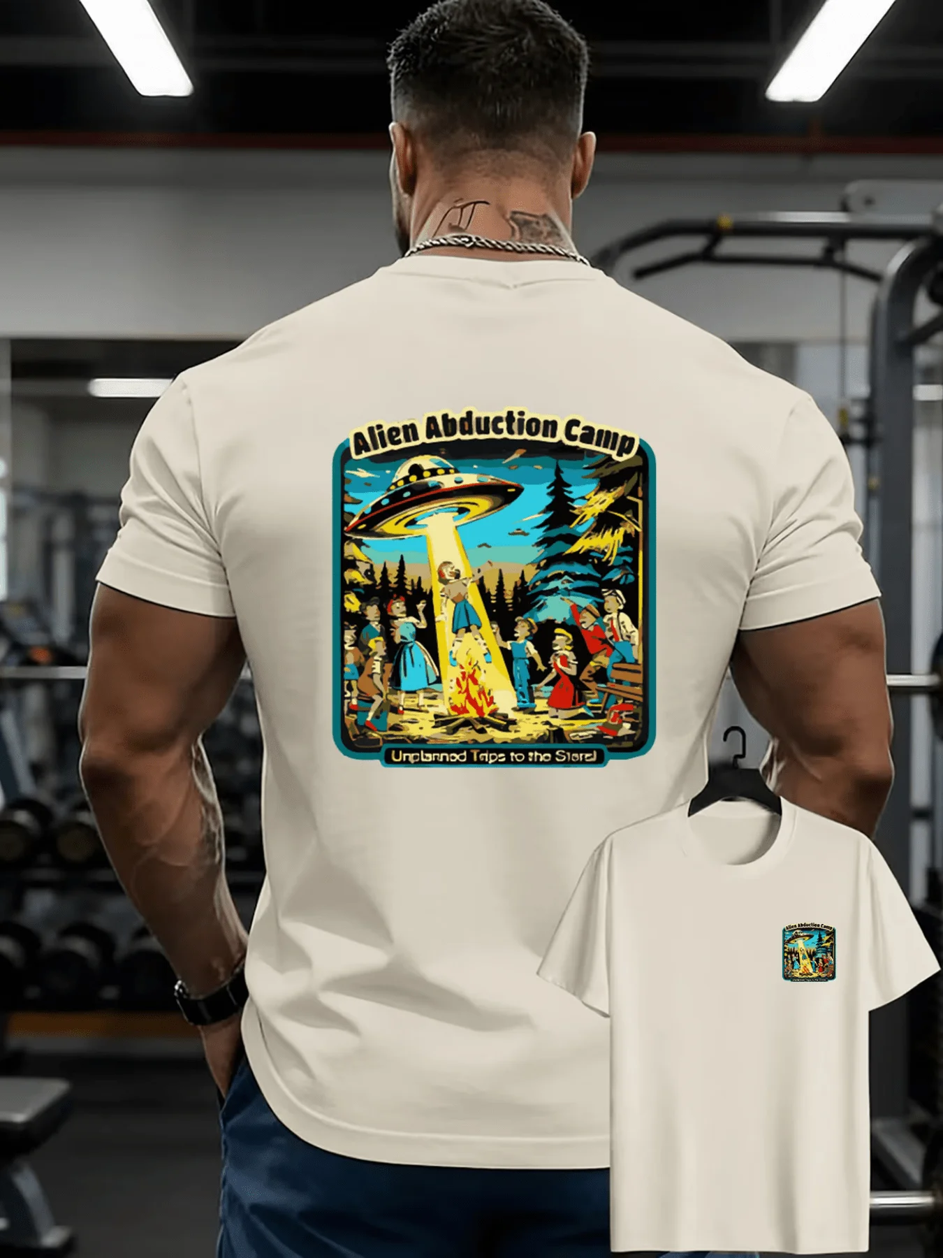 Men's Alien Abduction Camp Graphic T-Shirt Retro Casual Style Soft Vibrant Print Design Round Neck Trendy Leisure T-Shirt