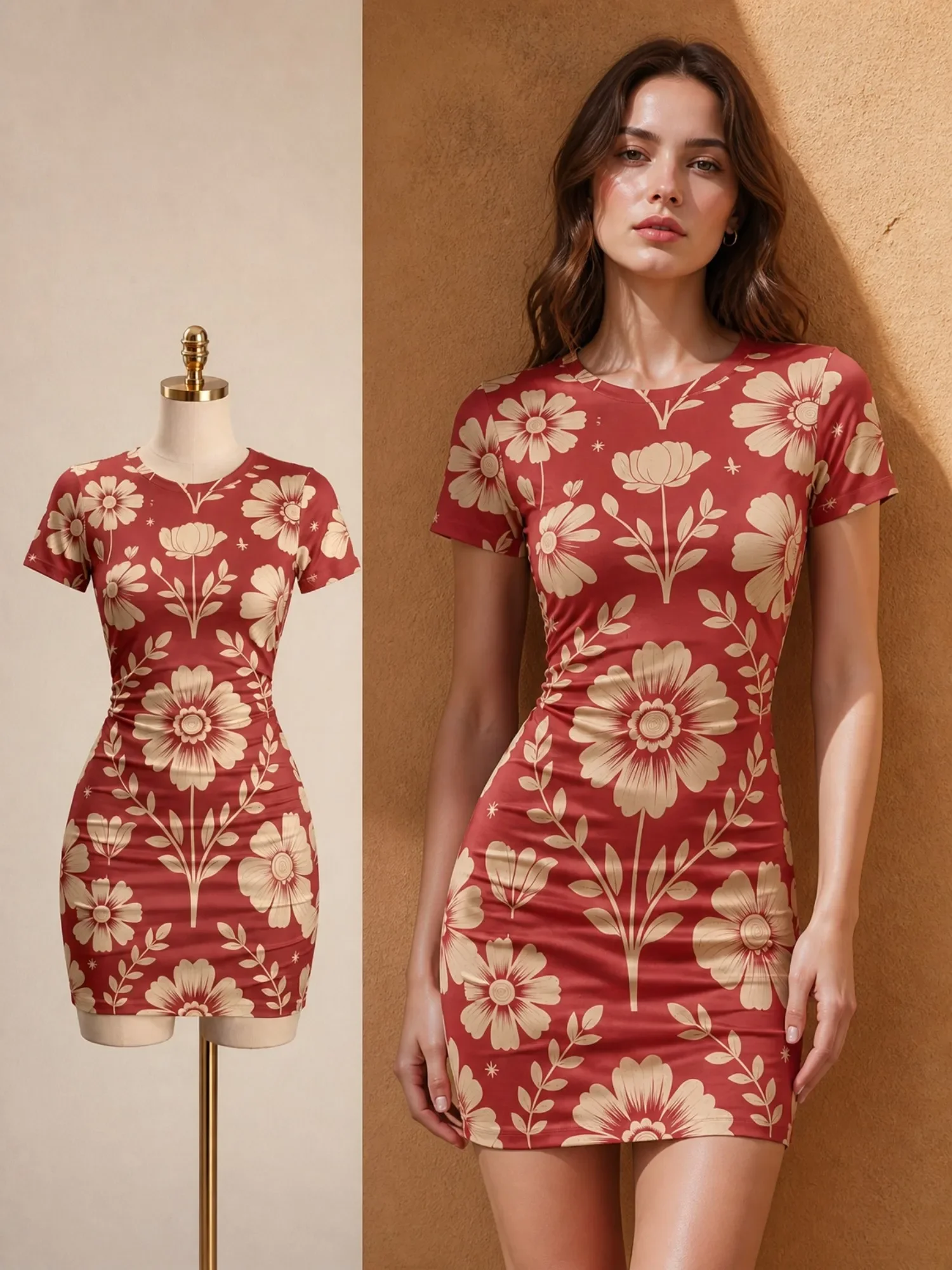 Womens Short Sleeve Bodycon Mini Dress Slim Fit Crew Neck Floral Print Casual Summer Dress