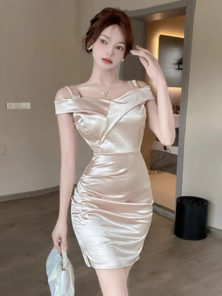 Ezgaga Woman Dress Sexy Sleeveless Off Shoulder Slash Neck Slim Satin Backless Party Mini Dresses Elegant Clubwear Female