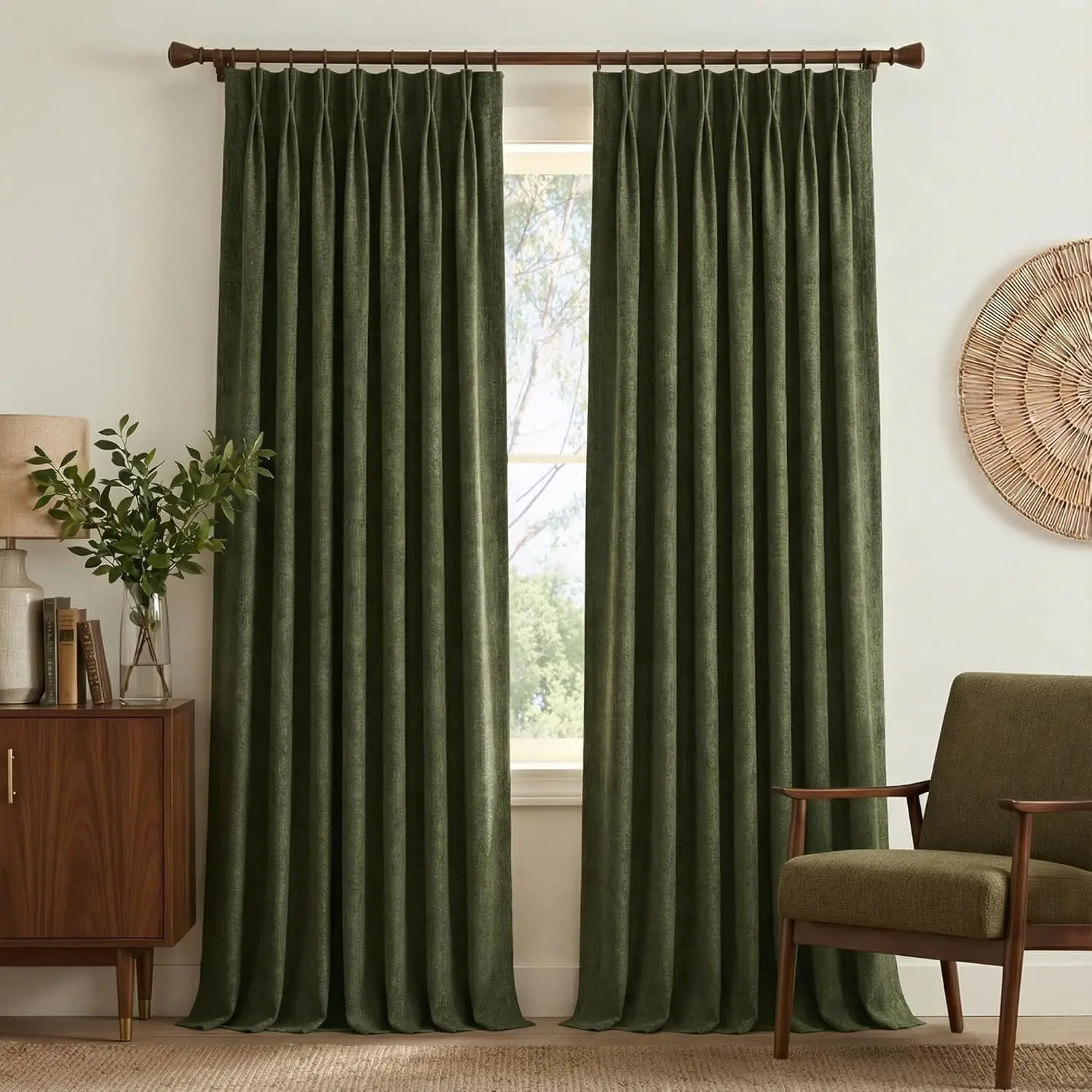 

395GSM Linen Pinch Pleated Vintage Olive Green Curtains 90 inch Long with Hooks - Room Darkening Wrinkle Resistant Drape