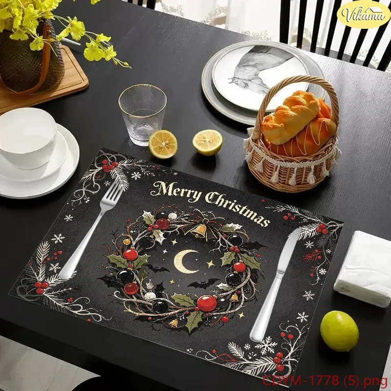 VIKAMA Christmas Placemats Black Dark Wreath Bauble Holly Moon Merry Christmas Washable Mat Winter Holiday Kitchen Decor