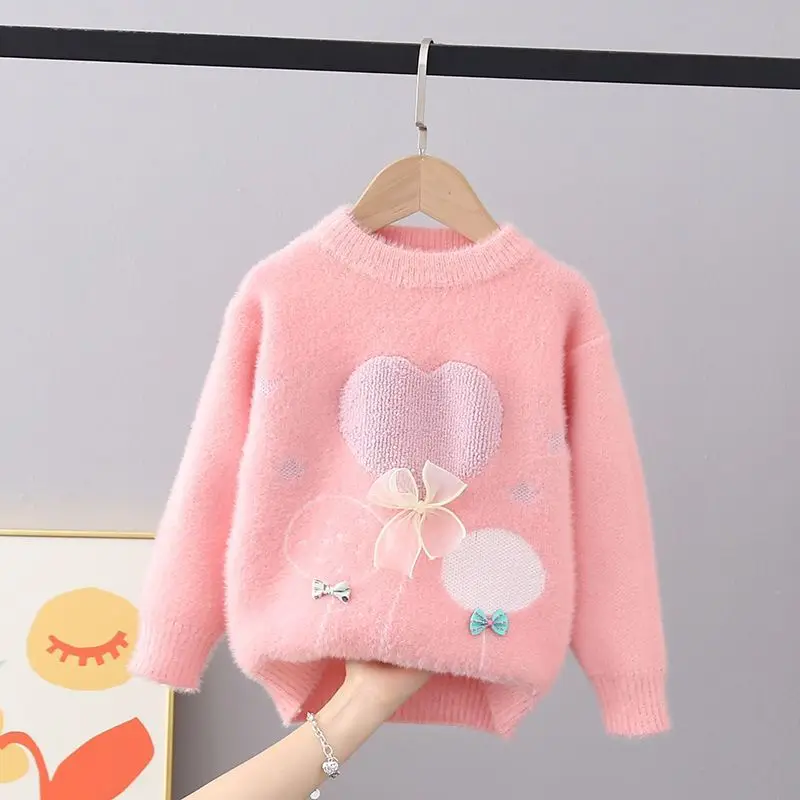 Chic New Autumn Winter Thick Pullover Sweaters Girls Knit Lace Butterfly-knot Sweaters Children Clothing Girls Sweater FY11292