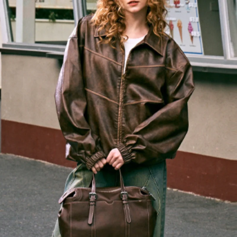 

Модная мотоциклетная кожаная куртка в стиле ретро, женское пальто с длинными рукавами, повседневное шикарное стильное свободное женское модное пальто, новинка 2025, осенняя верхняя одежда