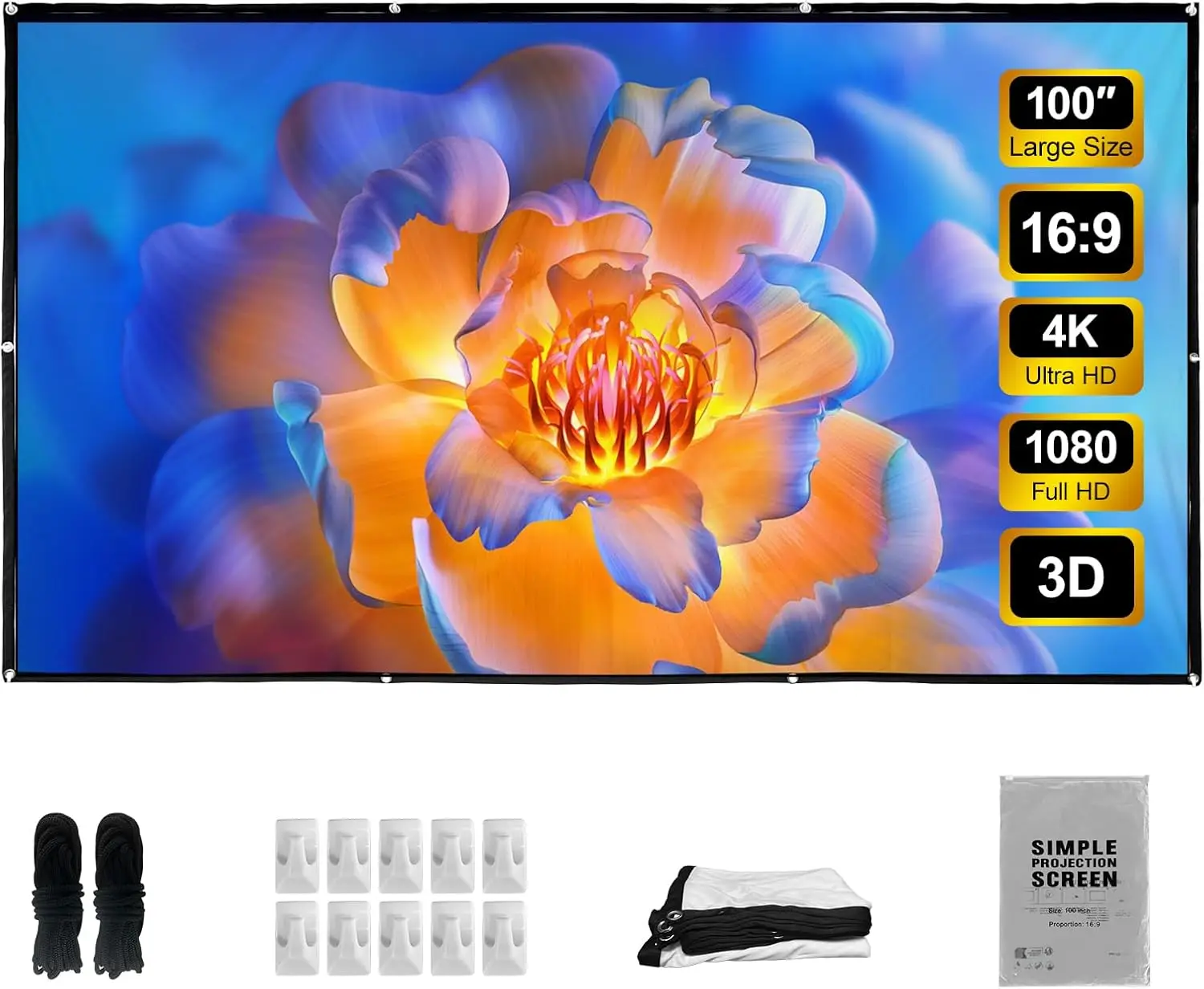 

4K Projector Screen 100 inch 16:9 HD Foldable Portable for Indoor Outdoor Home Theater Party