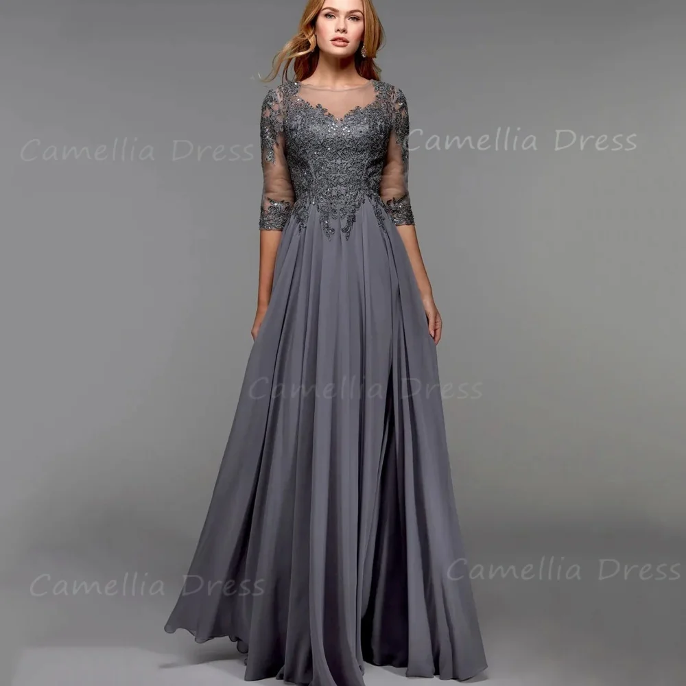 カスタムメイドのヴィンテージシフォン母花嫁ドレスAラインゲストガウンレーススパンコールイブニングローブ母花嫁ドレスウェディング