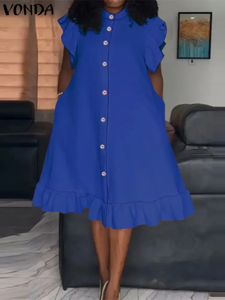 VONDA grande taille 5XL mode à volants Mini robe femmes élégant couleur unie robe 2024 décontracté boutons amples robe d'été robes de soirée
