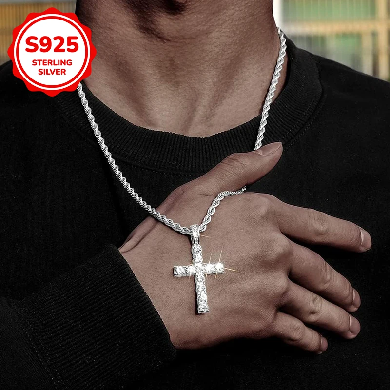 

925 sterling silver inlaid zircon hip-hop cross men's necklace is suitable for men's jewelry gifts and birthday presents