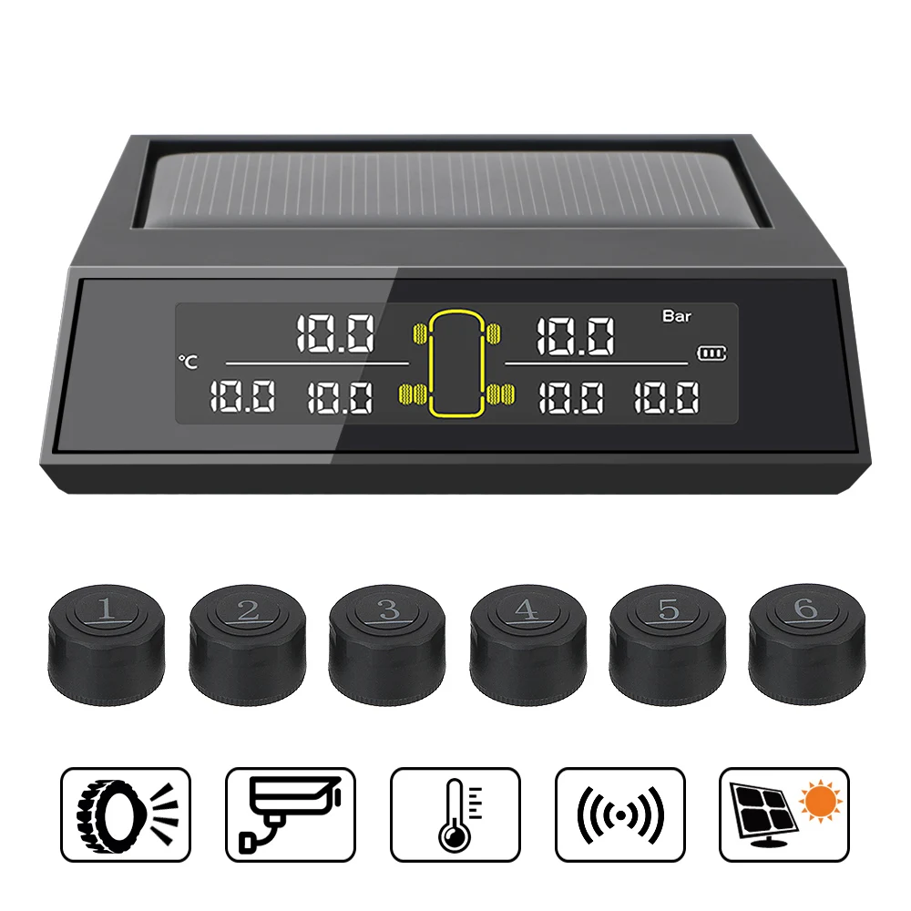 

RV/Truck/bus TPMS Tire Pressure Monitoring System With 6Pcs Sensors Solar/USB Power LCD Color Screen Tyre Pressure Range 0-8 Bar