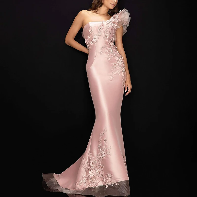 

Elegant Long Pink Evening Dresses for Women Appliques One-Shoulder Floor-Length Mermaid Prom Special Events Wedding Party 2024