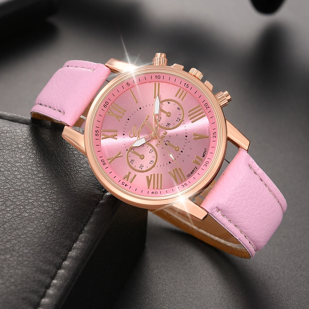 6PCS/Set Pink Women Watch Fashionable Roman Digital Dial Quartz Wristwatch PU Leather Strap Watch Jewelry Set Gift For Girls