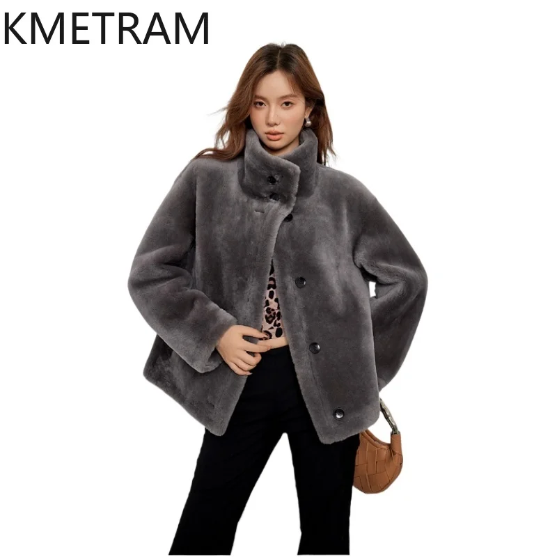 내추럴 메리노 울 양털 양면 퍼 재킷 여성 스탠드 칼라 리얼 퍼 코트 겨울옷 숏 퍼 재킷 2025