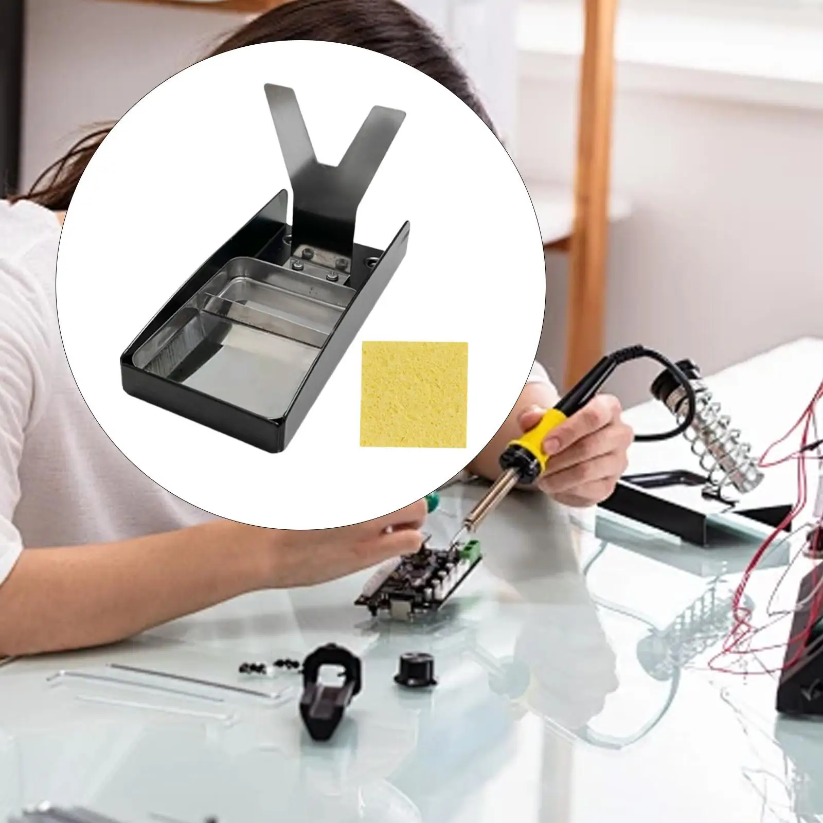 محطة دعم حامل حديد اللحام الكهربائي، قاعدة ثابتة مدمجة مع دعامة إسفنجية لصيانة مكتب الورشة DIY