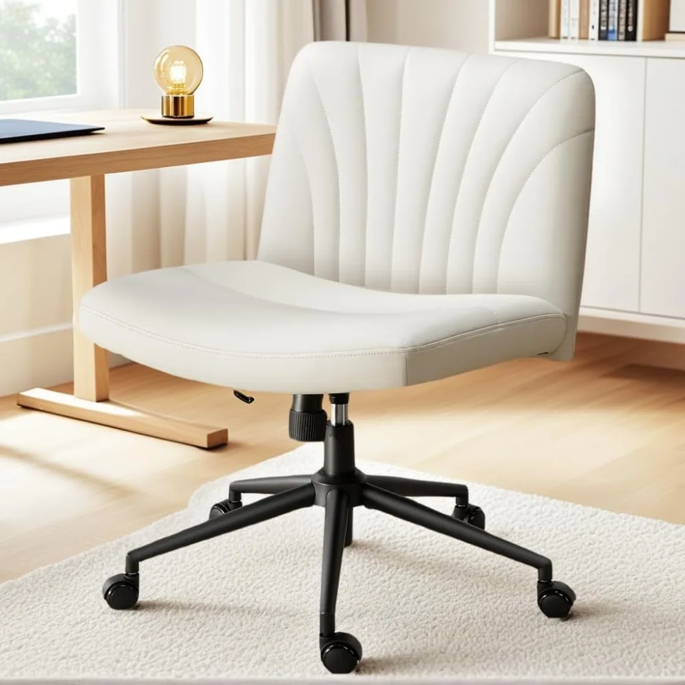 Cadeira de mesa giratória de altura ajustável com rodas, cadeira de escritório larga sem braços de couro PU, design de pernas cruzadas