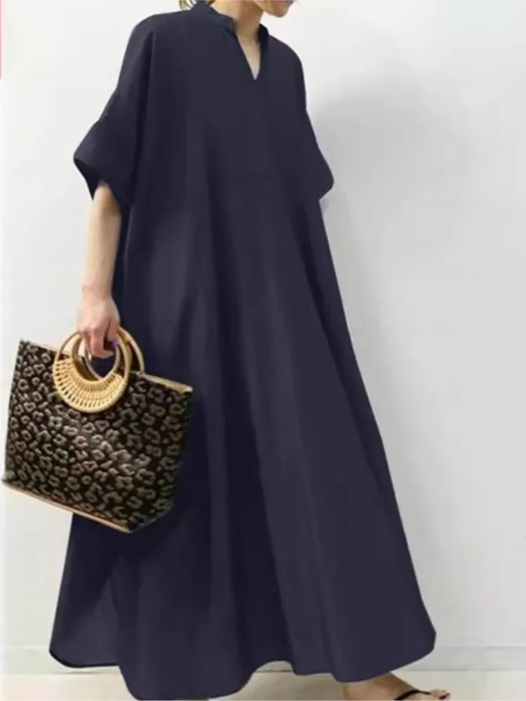 

Vintage Women Dress Spring Autumn V-neck Half Sleeve A-line Oversized Loose Dresses Female Elegant Casual Trendy Ladies Clothes