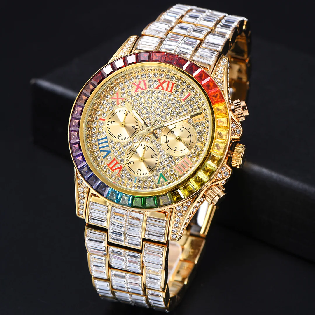 

Big Gold Men Wristwatch Roman Numerals Color Stone Quartz Watches Fashion Watch 3 Dial Date Clock Week 8 Style