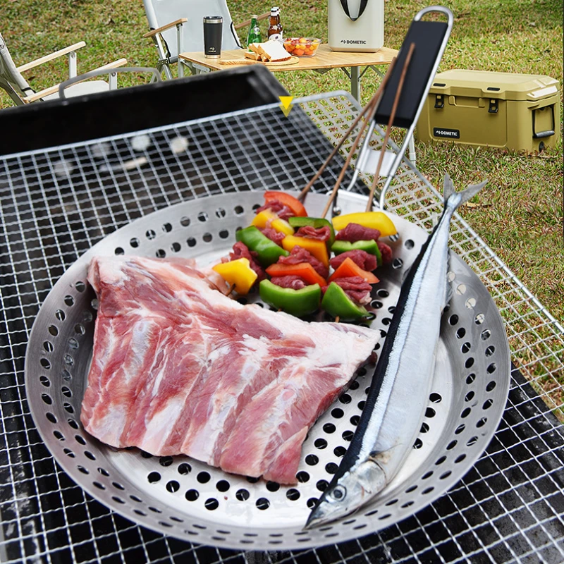 

Round Hollowed-out Wooden Handle Barbecue Plate Outdoor Vegetable Barbecue Plate Outdoor Portable BBQ Grill Pan