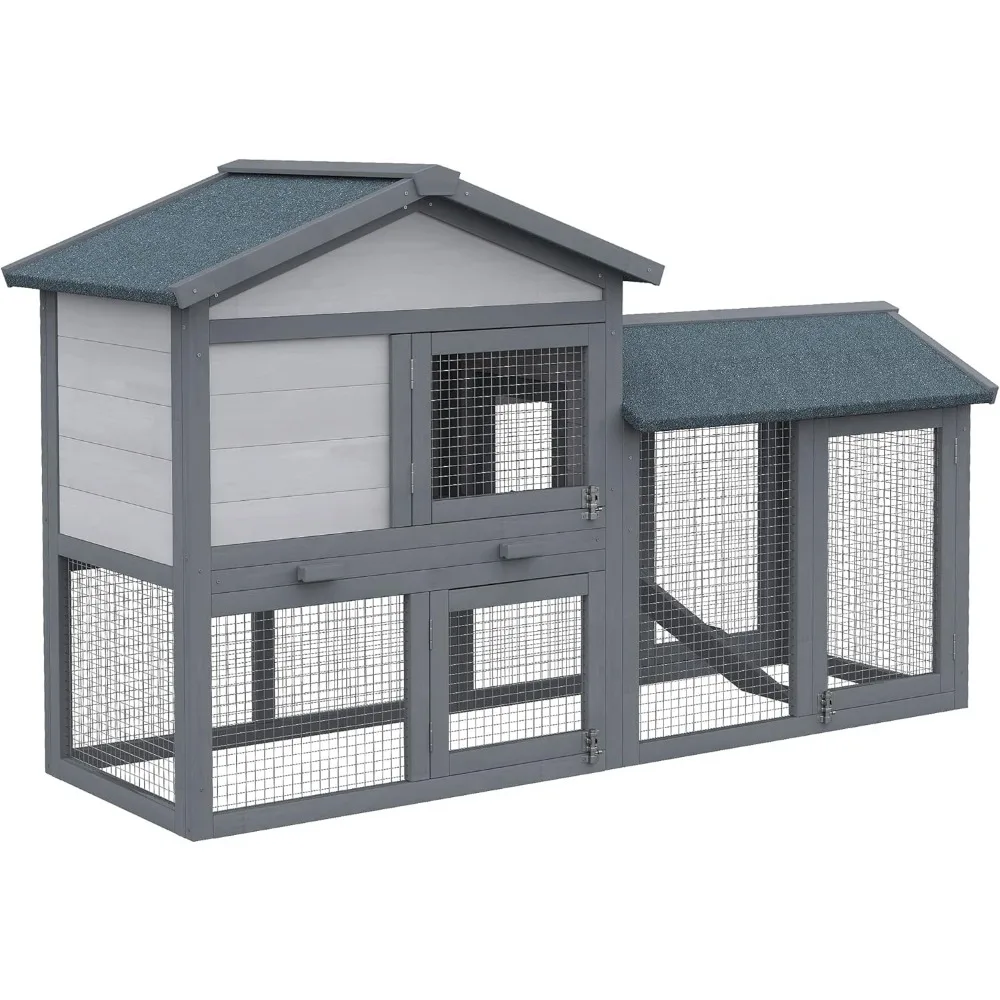 

58" Rabbit Hutch, Wooden Bunny Hutch, Guinea Pig Cage, Small Animal Enclosure with Run Area, Removable Tray, Asphalt Roof, Lock