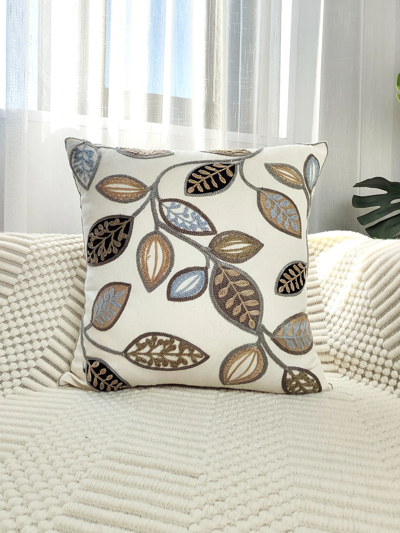 1pc, Leaf Embroidered Decorative Throw Pillow Case, Canvas Cushion Cover For Living Room, Home Decor