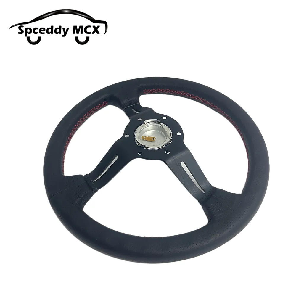 Universal 13inch 325mm Aluminum Spoke Leather Auto Racing Steering Wheel Deep Corn Drifting Sport Steering Wheel Red Line