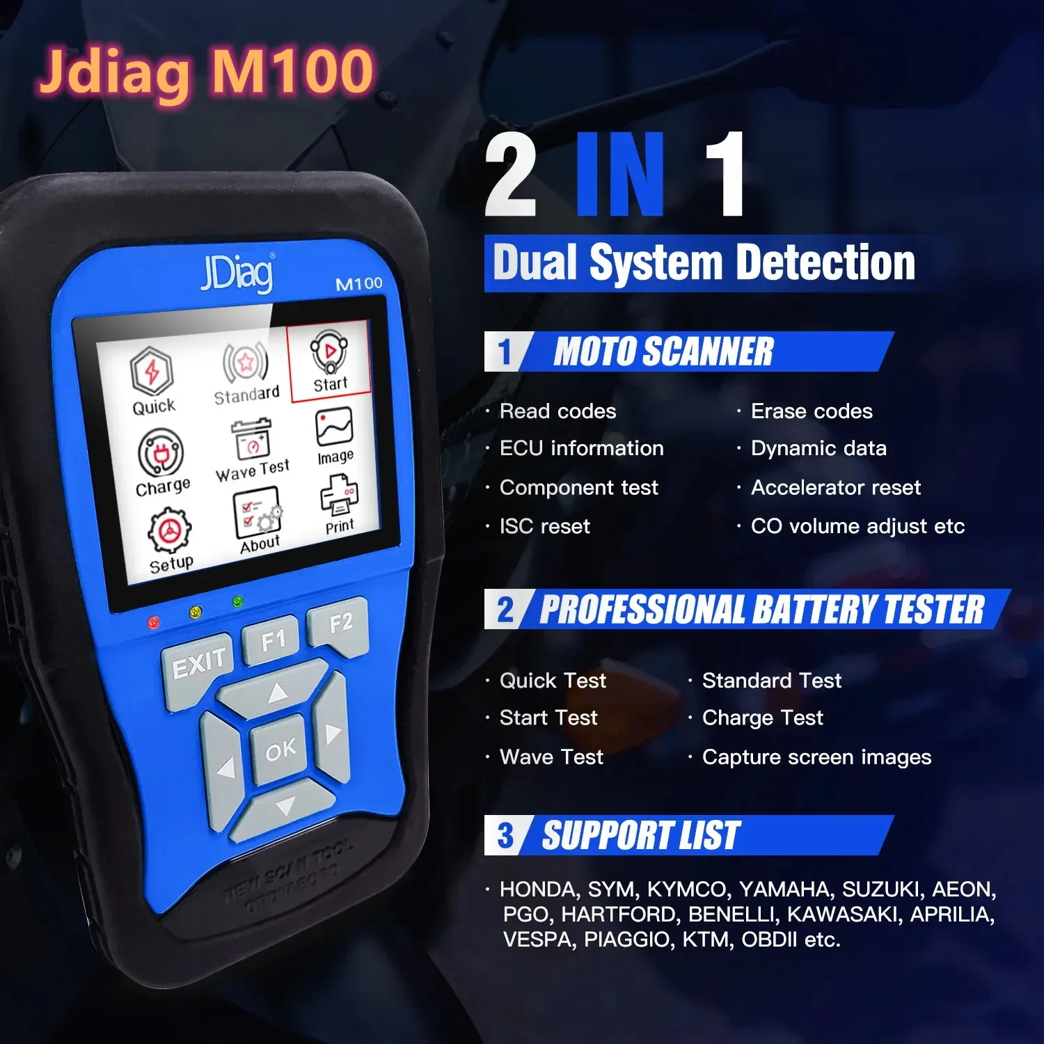 

Jdiag M100 Motorcycle Tester Diagnostic Tool Encoding Keys TPS ABS Anti-theft Test Multi-Language for Kawasaki Yamaha Suzuki