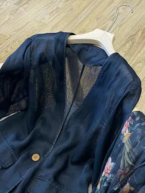 High-End Women's Summer Linen One-Button V-L ort-Sve Skinny Fit Coat Thin Long Sve Classic Bla Workwear