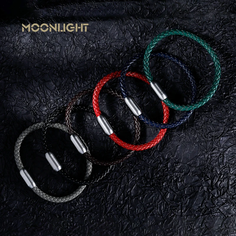 MOONLIGHT Genuine Braided Leather Bracelet for Man Stainless Steel Button Simple Black Bracelet Hand-woven Jewelry Man Gifts