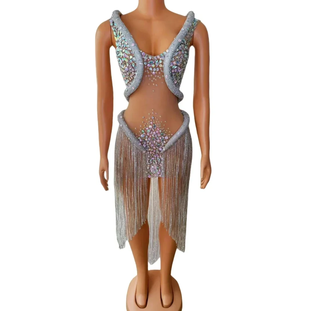 여성용 럭셔리 실버 드릴 체인 쉬어 메쉬 원피스 라인석 프린지 드래그 퀸 코스튬, 생일 가수 무대 착용 나이트 클럽