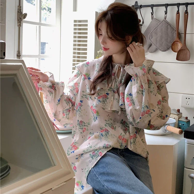 Sweet Floral Ruffled Edge Shirt Korean Female Blouse Spring Autumn New Women's French Style Gentle Design Niche Long Sleeved Top