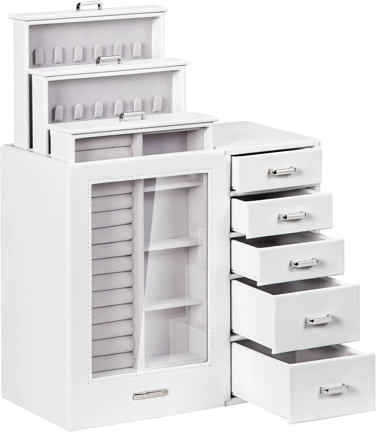 صندوق مجوهرات كبير/منظم/حافظة مع نافذة زجاجية، أدراج للقلائد والأقراط والخواتم والأساور والساعات هدية #1