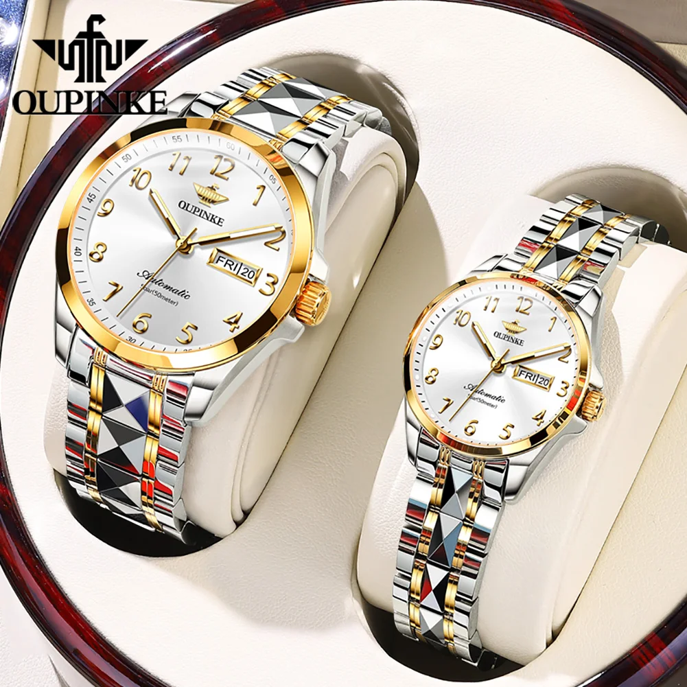 

OUPINKE 3228 Digital Automatic Mechanical Couple Watch for Men Women Auto Date Tungsten steel Strap Luxury Couple Watch Set