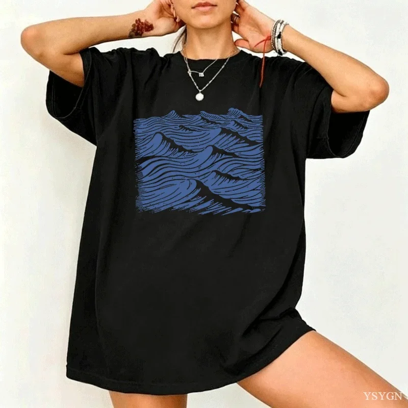 Vintage Ocean Sea T-Shirt Women Men 90s Print Waves Style Graphic Tee Coastal Beach Sailing Tshirt Cotton Short Sleeve