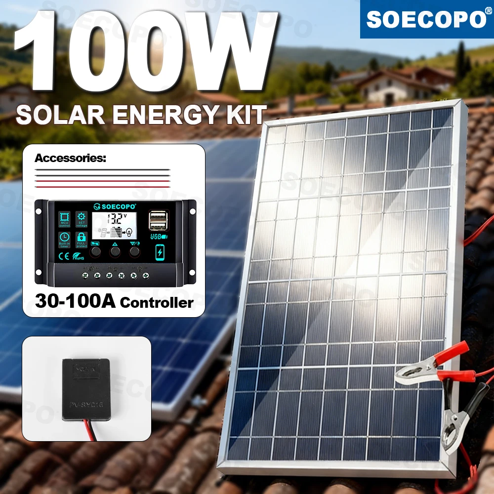 SOECOPO 100W Photovoltaic Set Portable Solar Panel 18V with 30A - 100A Controller Generator for Home Camping Balcony Conversion