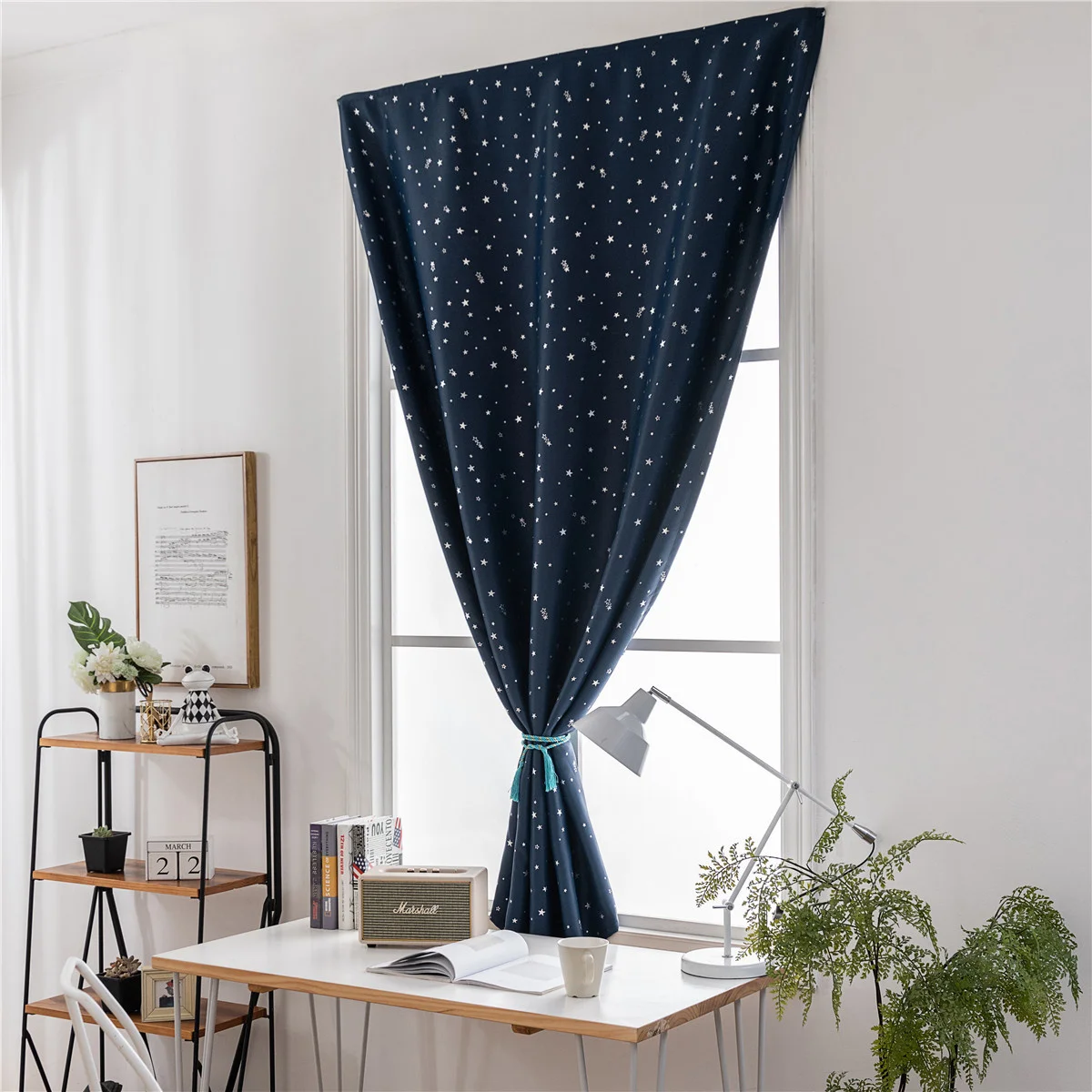 

1Pcs Silver Star Decorated Blackout Curtain 60x150cm Thickened Light Blocking Window Curtain No Punch Installation Easy