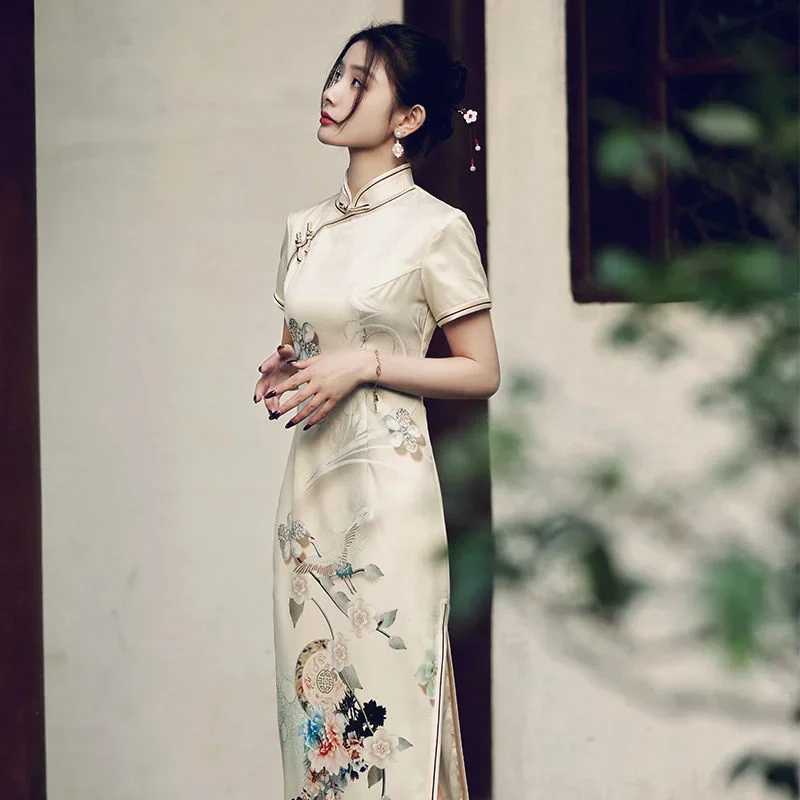 

Modern Eleganti Women Traditional Cheongsams Hanfu Robe Orientale Summer Vintage Vestido Chino New Girl Qipao Long Chinese Dress