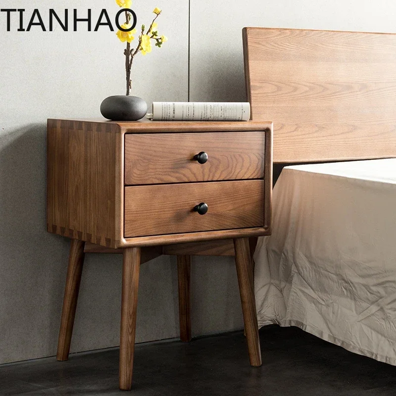 Nordic Solid Wood Bedside Table Cherry Wood Bedroom Small Locker With Drawers Chest White Oak Bedside Table Log Color