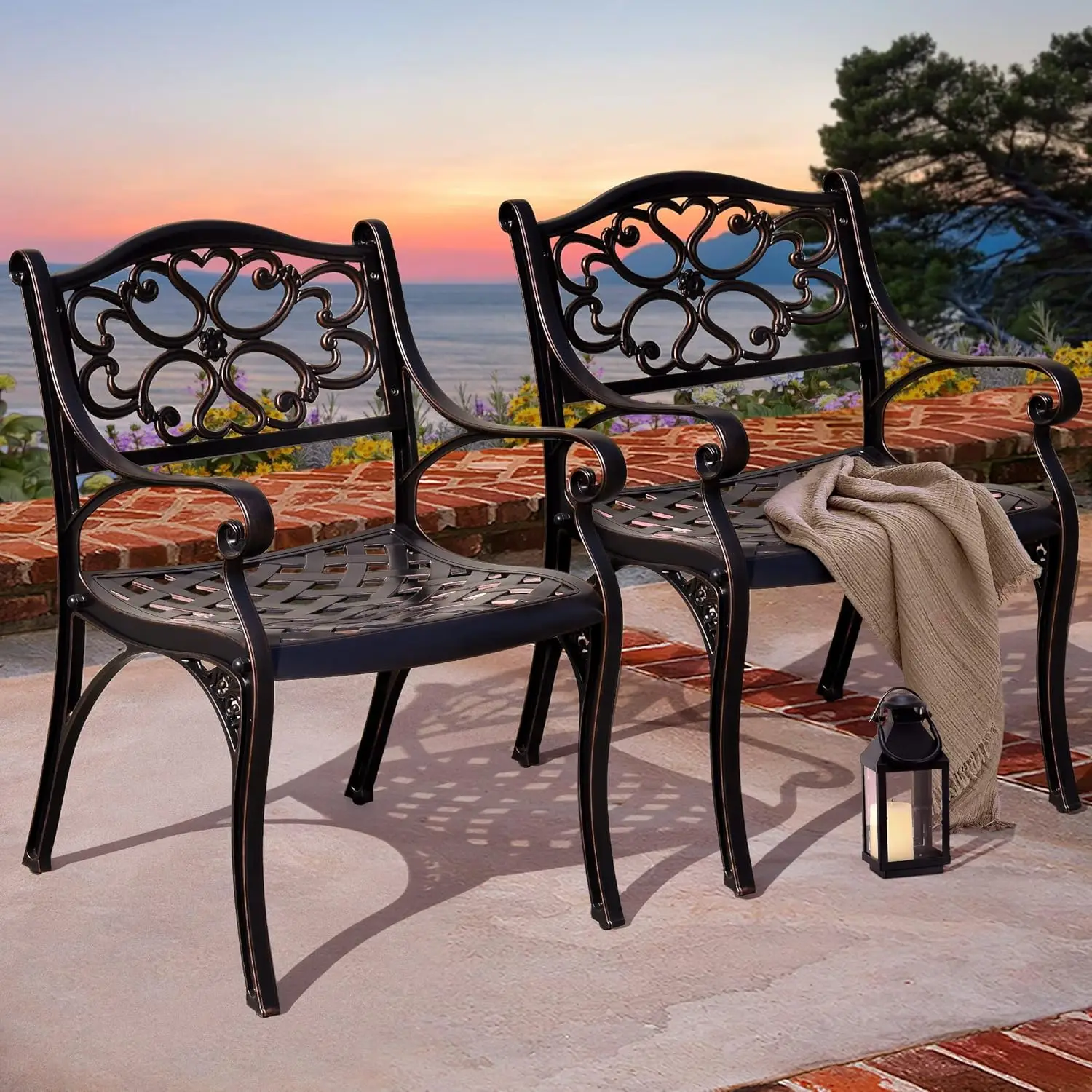 DWVO Set of 2 Outdoor Cast Aluminum Outdoor Chairs with Armrest, All-Weather Patio Dining Chair with Adjustable Feet for Balcony