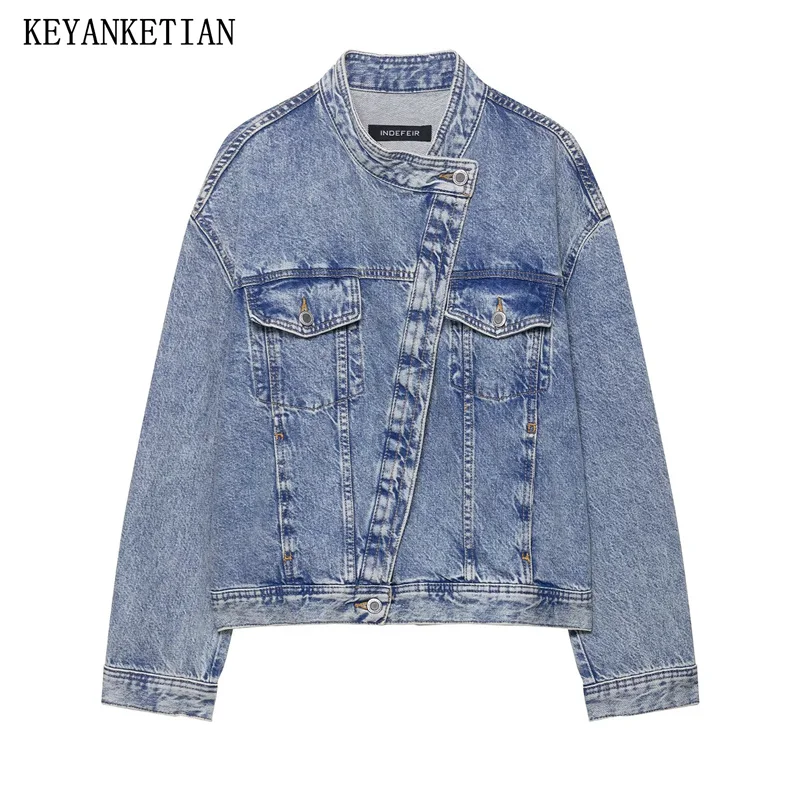 

KEYANKETIAN Autumn New Women's Clothing Retro Distressed Irregular Double Breasted Washed Denim Jacket Women Coat