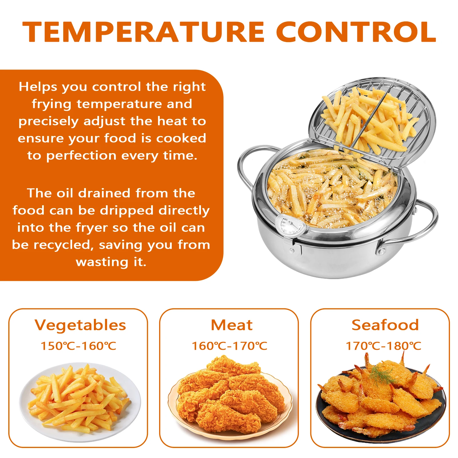 Deep Fryer Pot with Thermometer and Strainer Basket Stainless Steel Oil Mini Fryer for Frying Fish Chicken Kitchen Cooking Tools