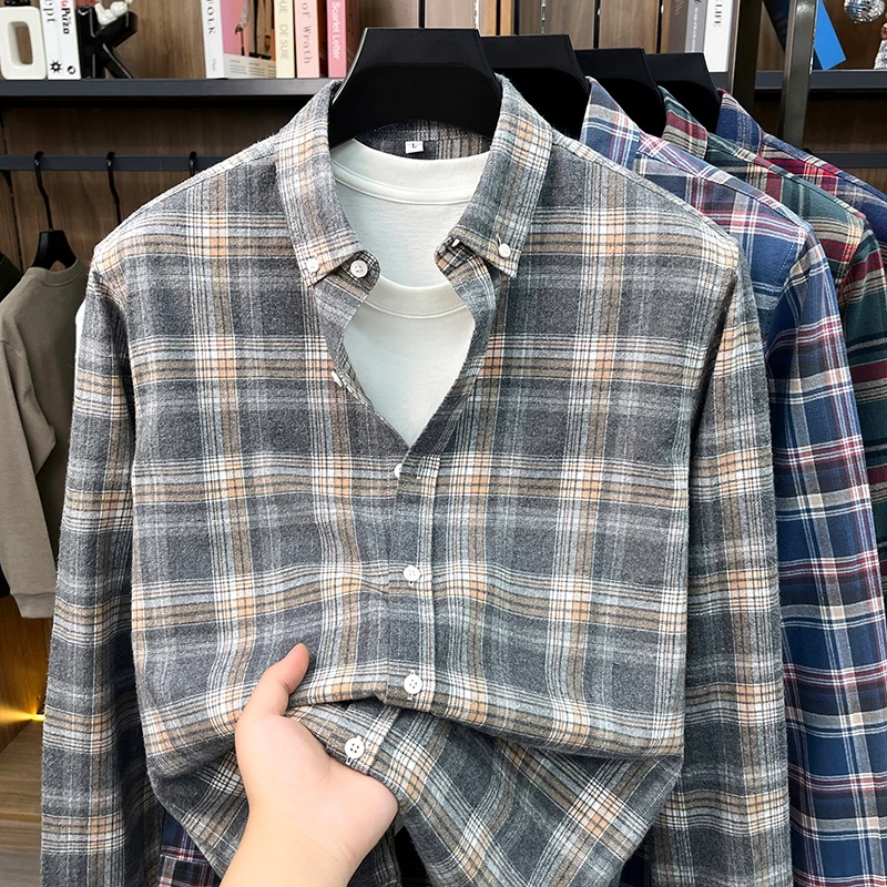 High Quality 100% Cotton Long Sleeve Shirt Fashion Checkered Printing Men's New Luxury Comfort Business Casual Autumn Lapel Top