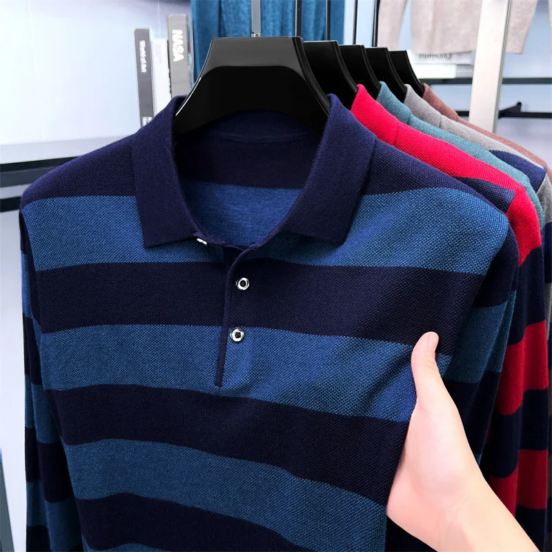 

Men Sheep Wool Knit Polo Shirt 2025 Autumn Wide Patchwork Striped Jumper Classic Polo Collar Sweater Long Sleeve Wool Tops
